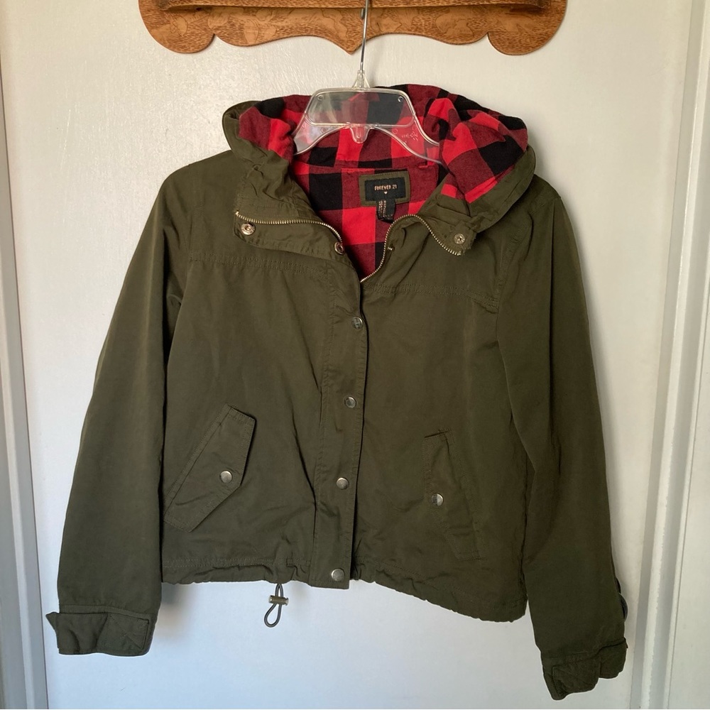 Olive Green Cropped Jacket With Red & Black Buffalo Plaid Lined H…